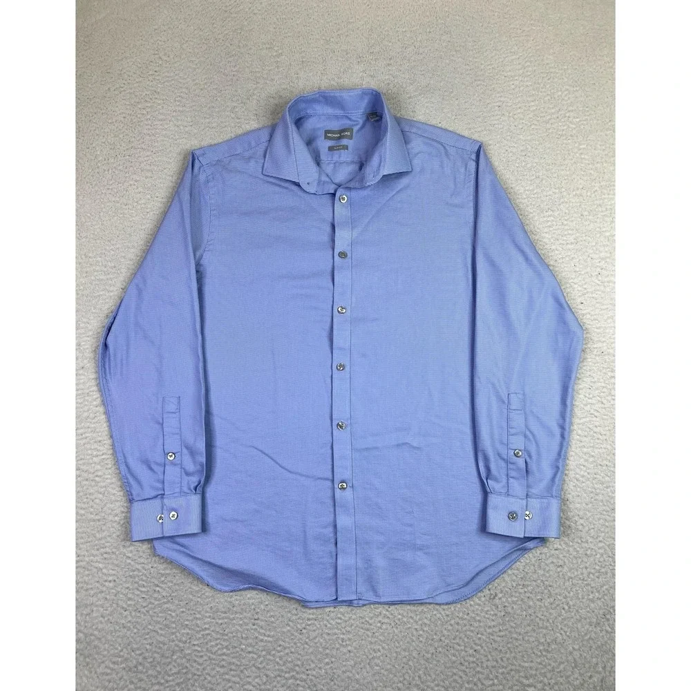 Michael Kors Shirt Mens Large Blue Slim Fit Long Sleeve Dress Button Front - Picture 1 of 10